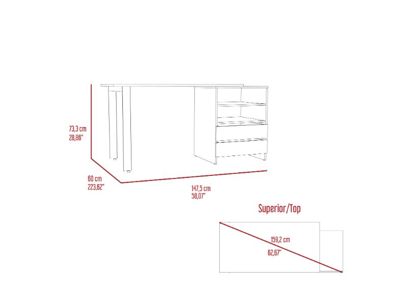 Austral 120 Writing Desk, Two Legs, Two Drawers, Two Shelves