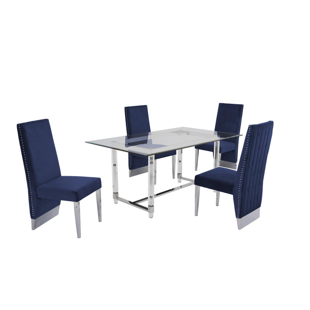 Acrylic Glass 5pc Set Pleated Chairs in Navy Blue Velvet