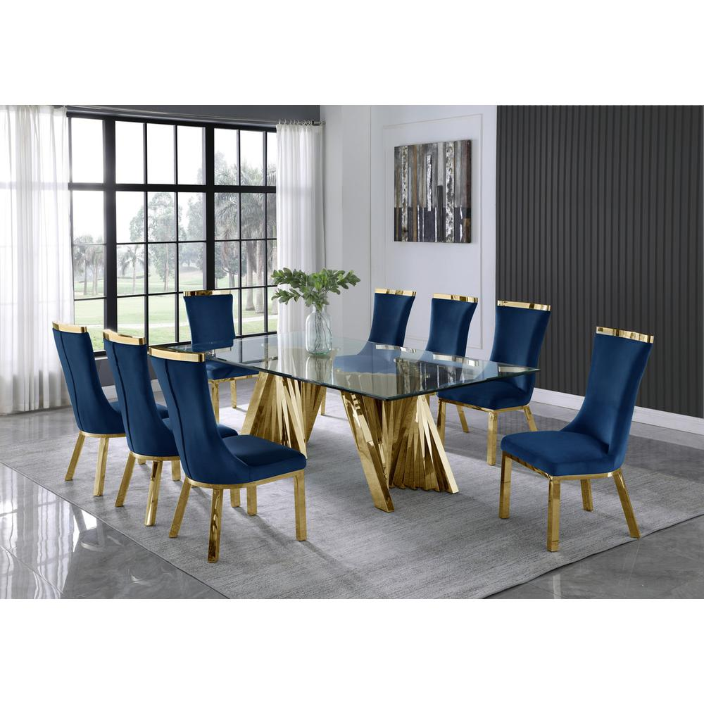 9pc dining set- Recatngle Glass table with gold color base and Navy Blue velvet chairs