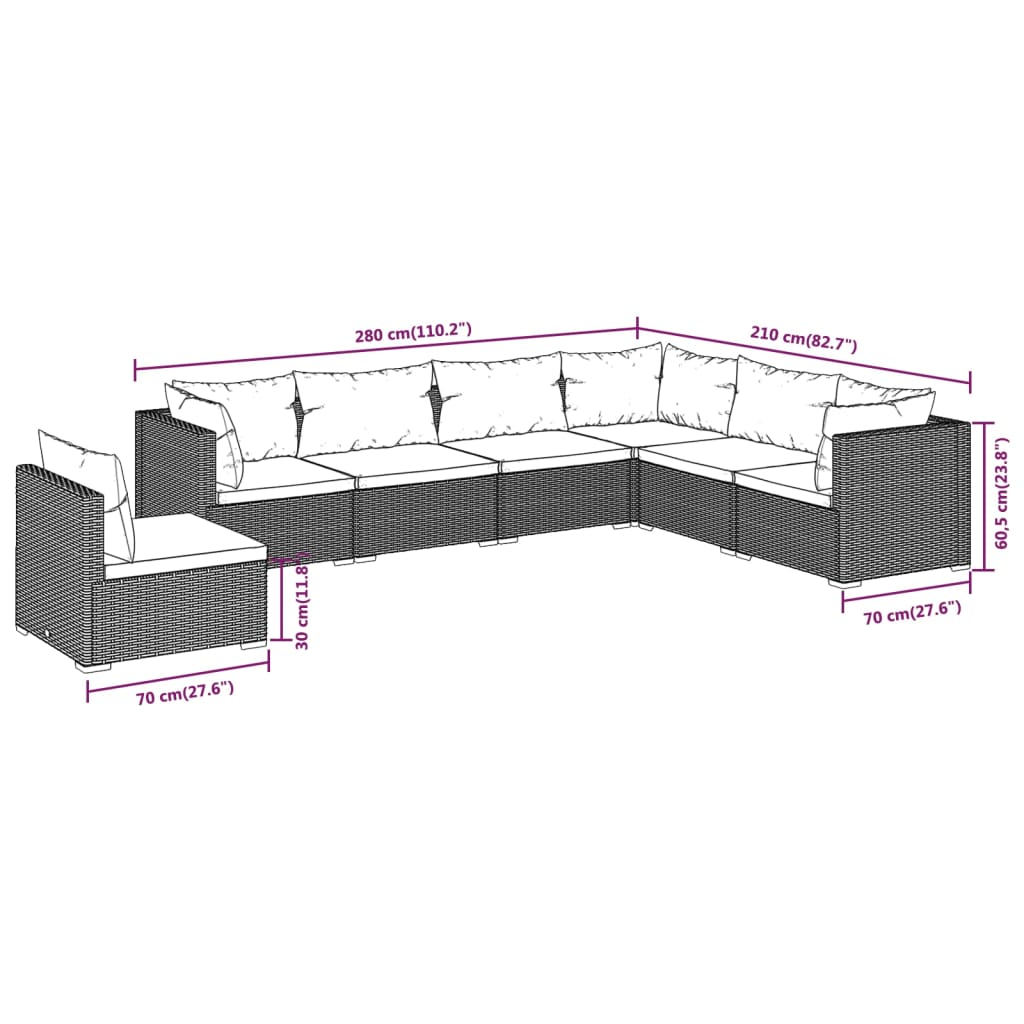 vidaXL 7 Piece Patio Lounge Set with Cushions Poly Rattan Brown
