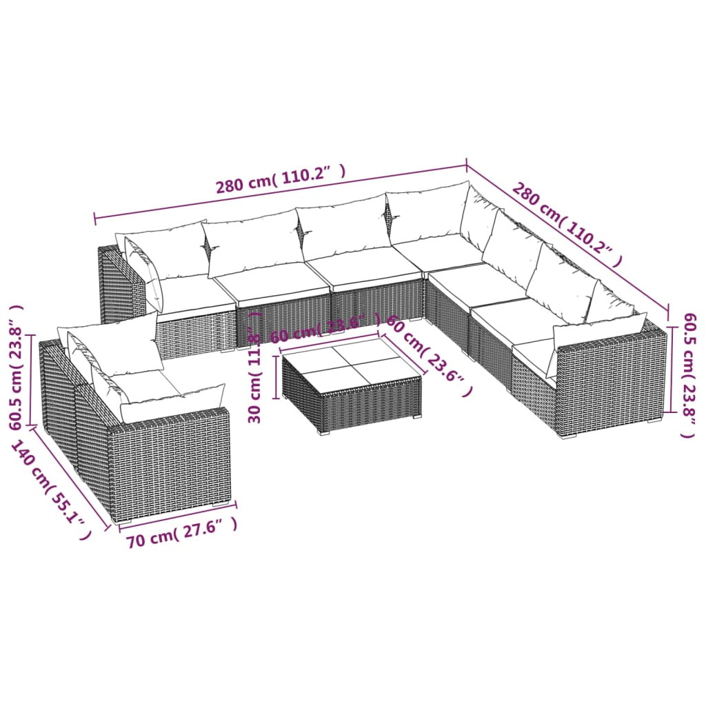 vidaXL 10 Piece Patio Lounge Set with Cushions Brown Poly Rattan