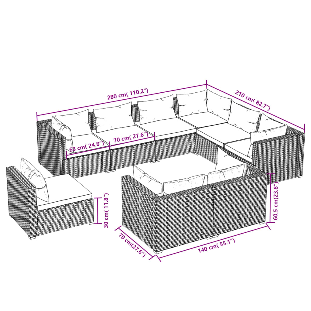 vidaXL 9 Piece Patio Lounge Set with Cushions Poly Rattan Black