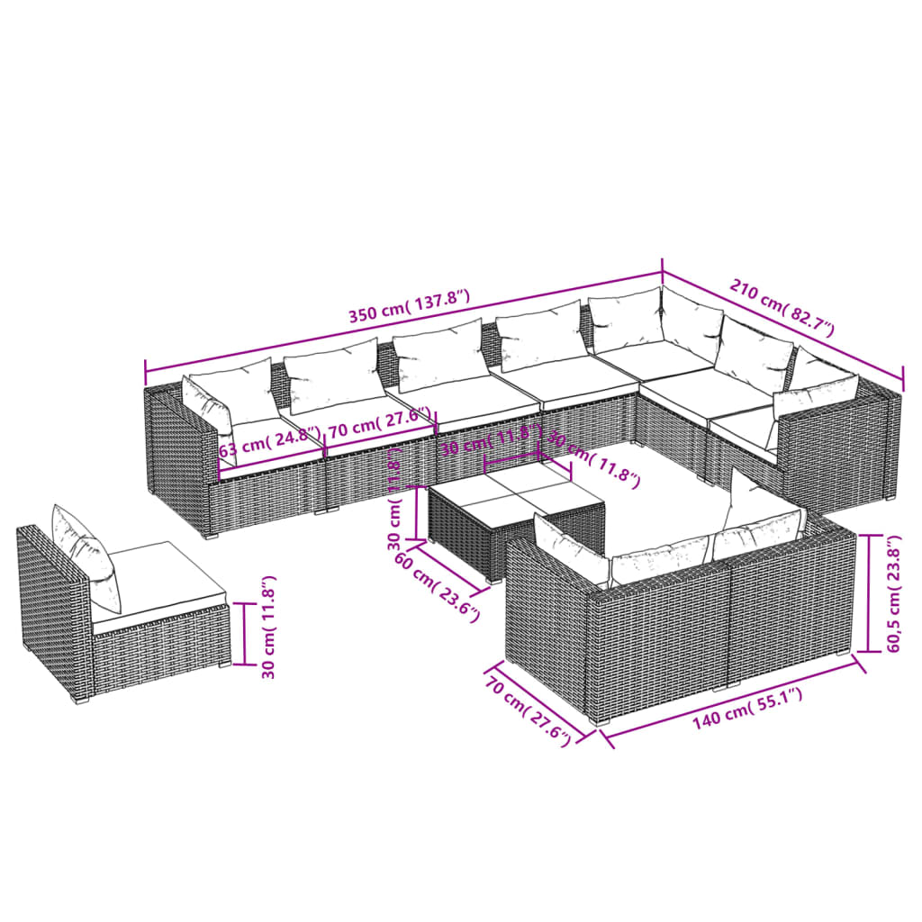 vidaXL 11 Piece Patio Lounge Set with Cushions Poly Rattan Black