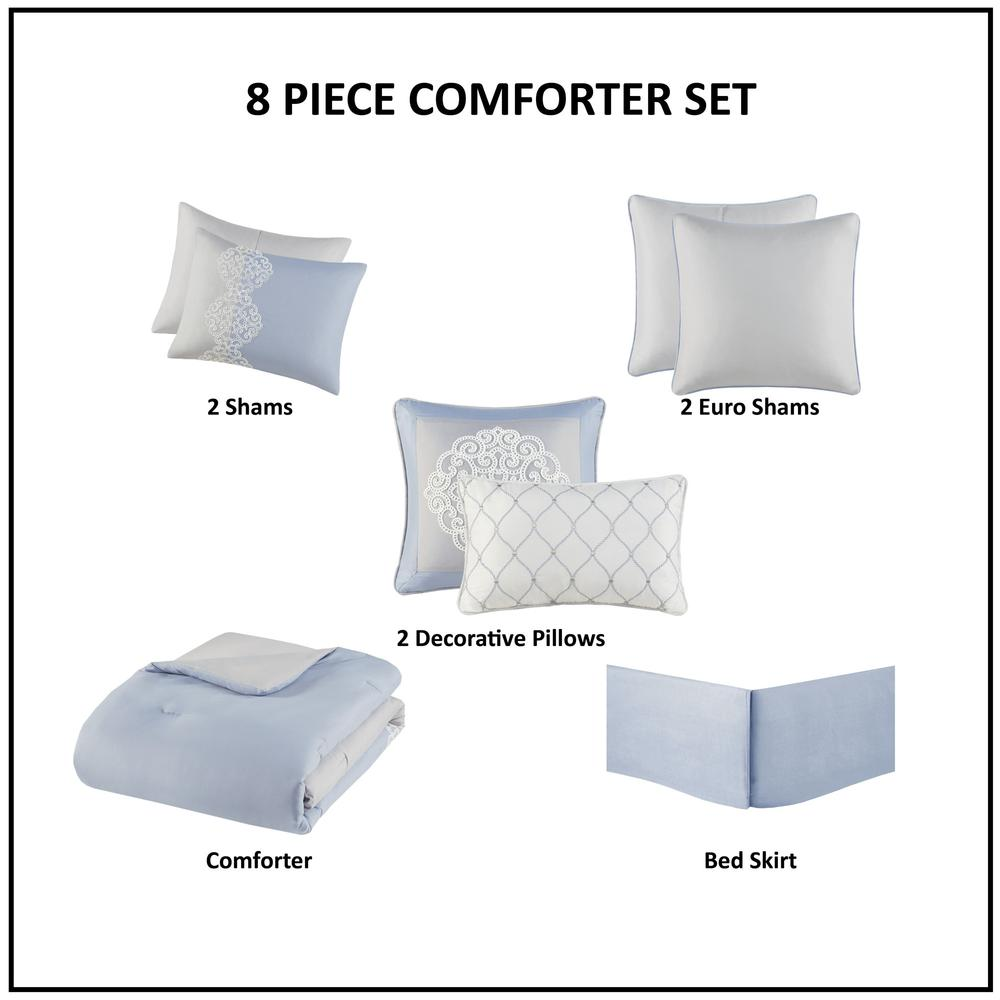8 Piece Embroidered Microfiber Comforter Set, Queen, Blue