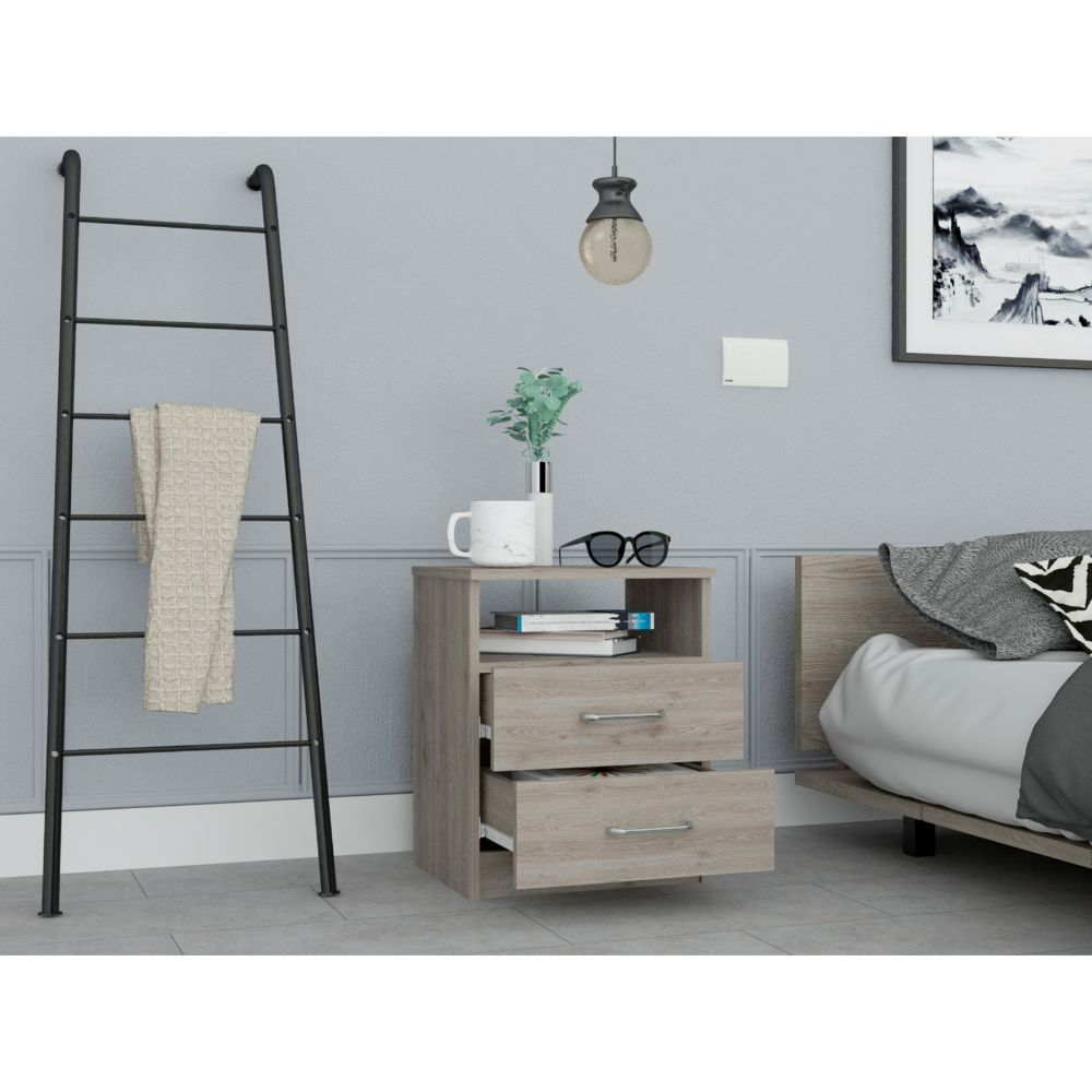 Nightstand Olienza, Two Drawers, One Shelf, Light Gray Finish