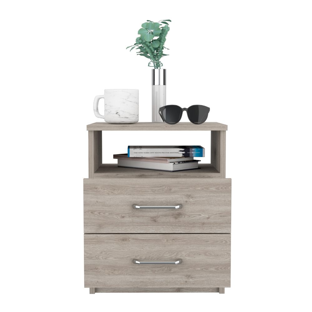 Nightstand Olienza, Two Drawers, One Shelf, Light Gray Finish