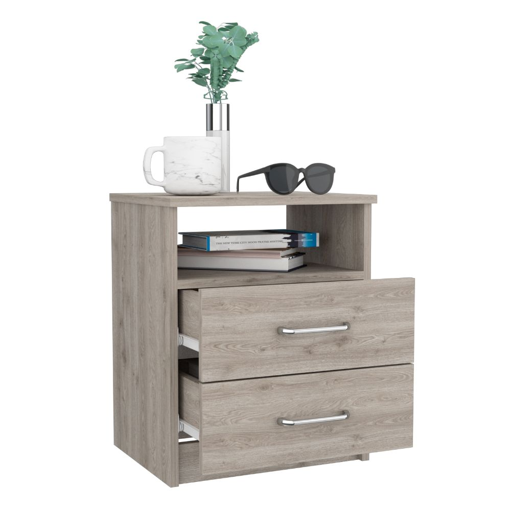 Nightstand Olienza, Two Drawers, One Shelf, Light Gray Finish