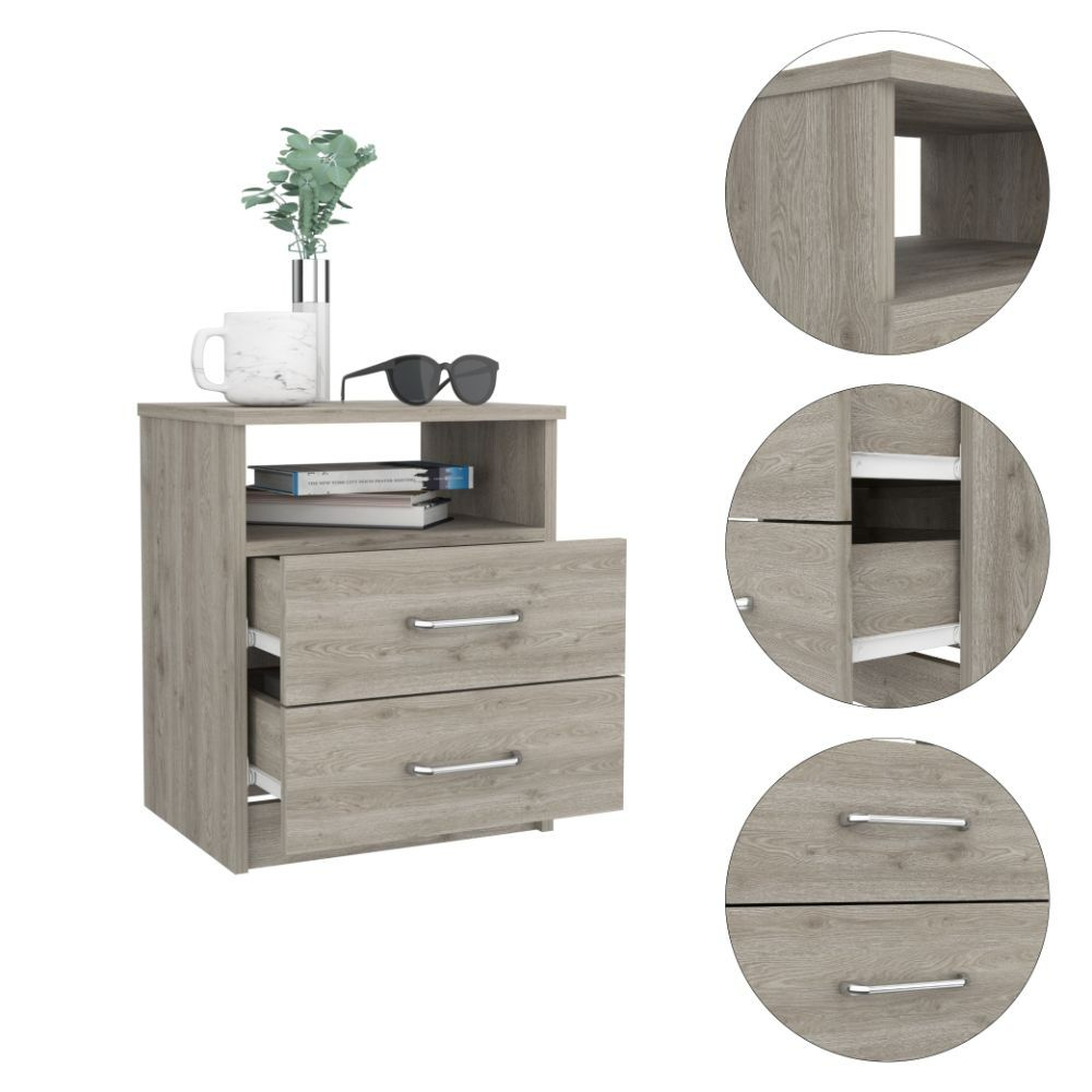 Nightstand Olienza, Two Drawers, One Shelf, Light Gray Finish