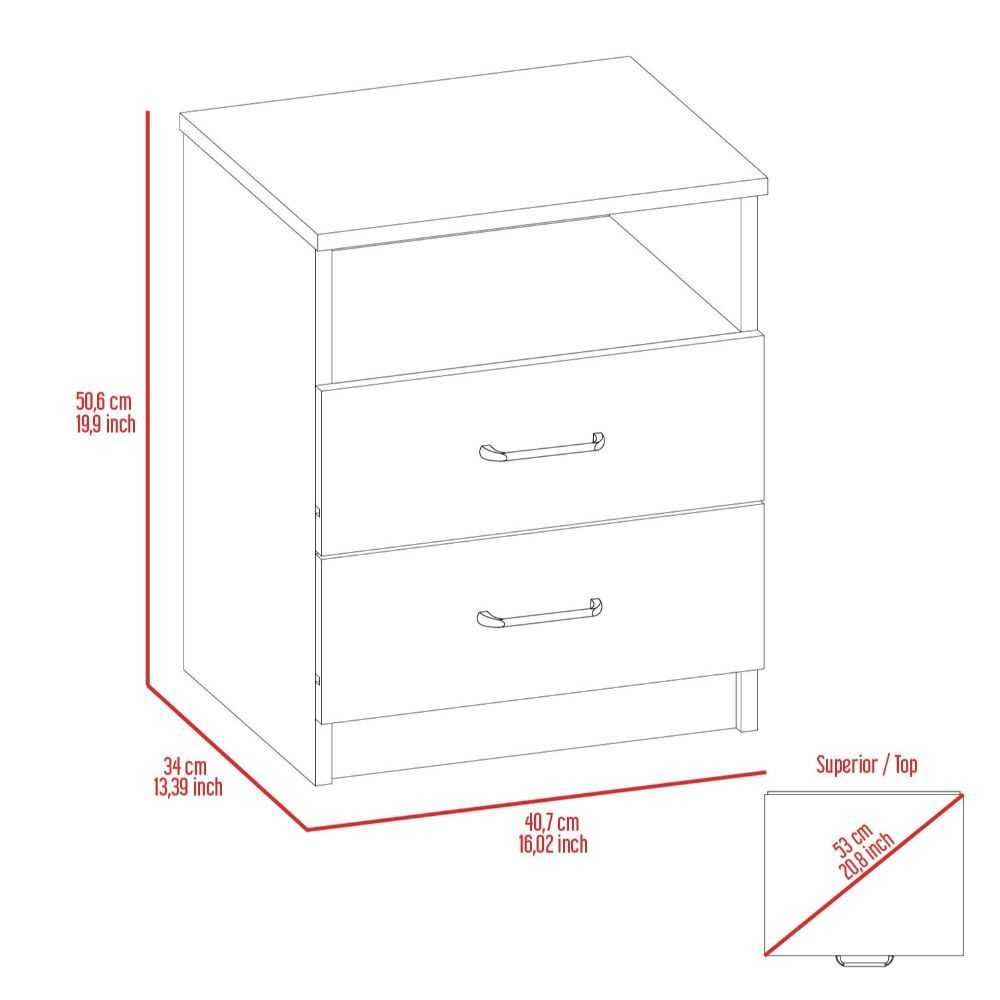 Nightstand Olienza, Two Drawers, One Shelf, Light Gray Finish