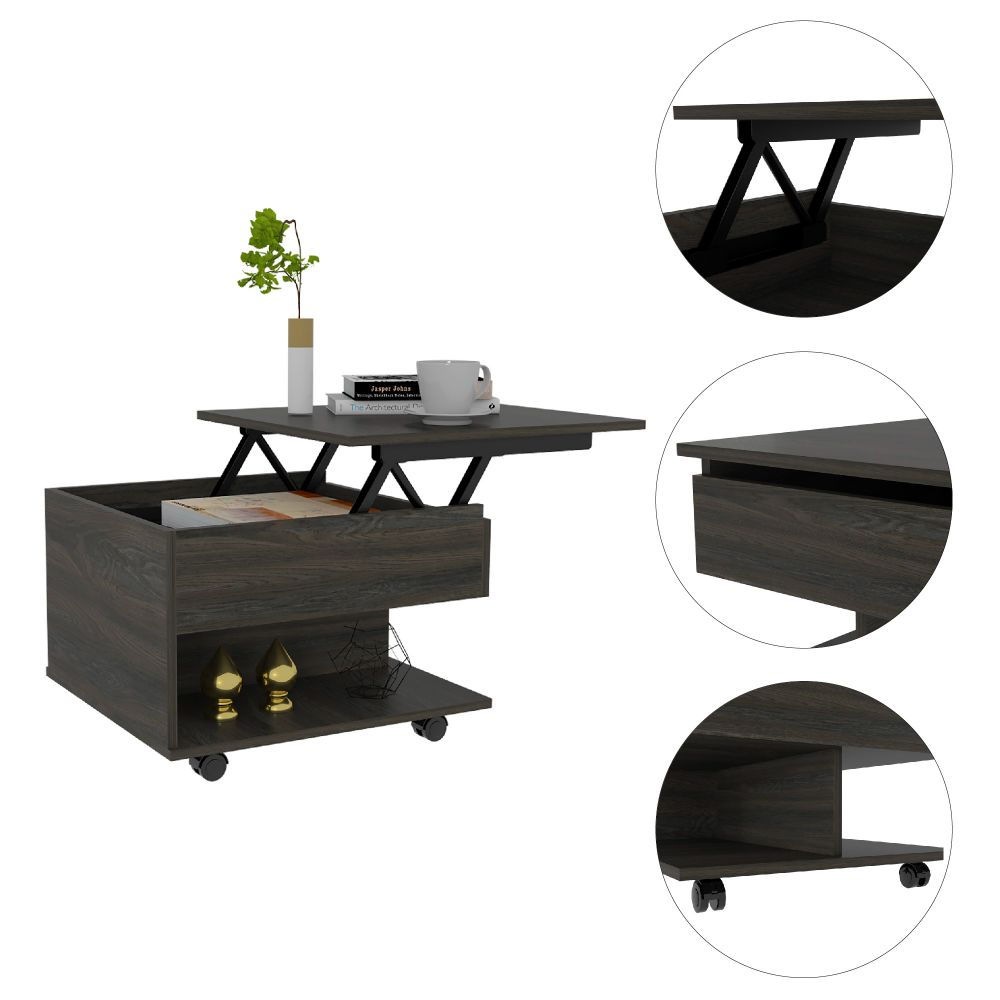 Lift Top Coffee Table Mercuri, Casters, Carbon Espresso Finish