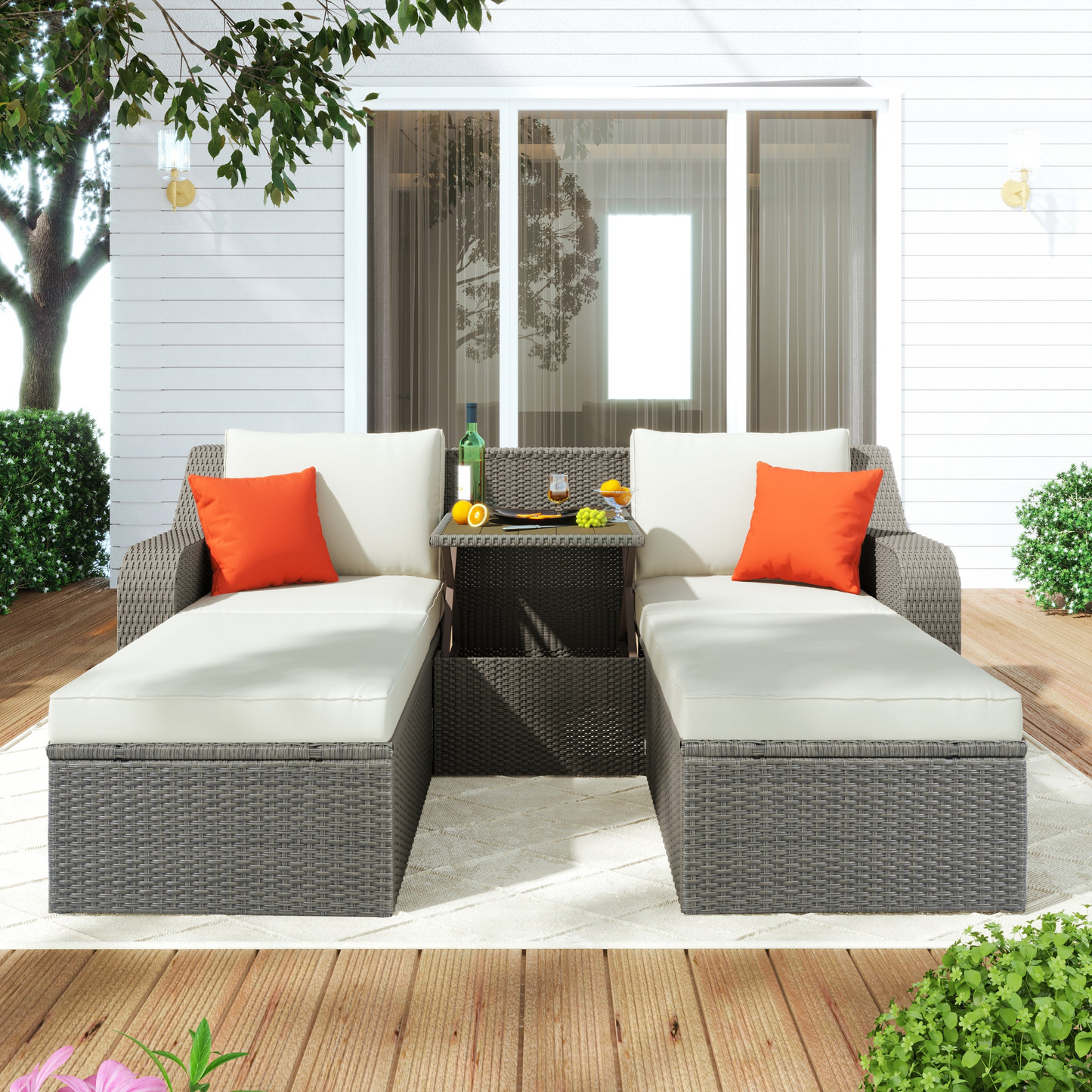 U_STYLE Patio Furniture Sets, 3-Piece Patio Wicker Sofa with Cushions, Pillows, Ottomans and Lift Top Coffee Table