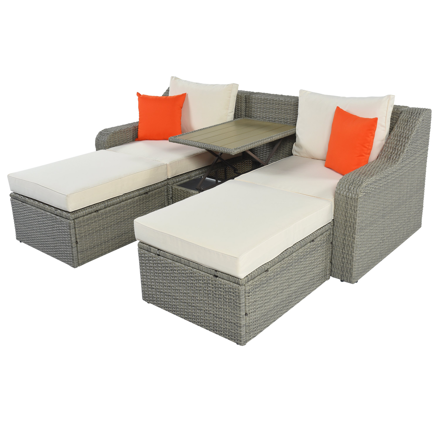 U_STYLE Patio Furniture Sets, 3-Piece Patio Wicker Sofa with Cushions, Pillows, Ottomans and Lift Top Coffee Table