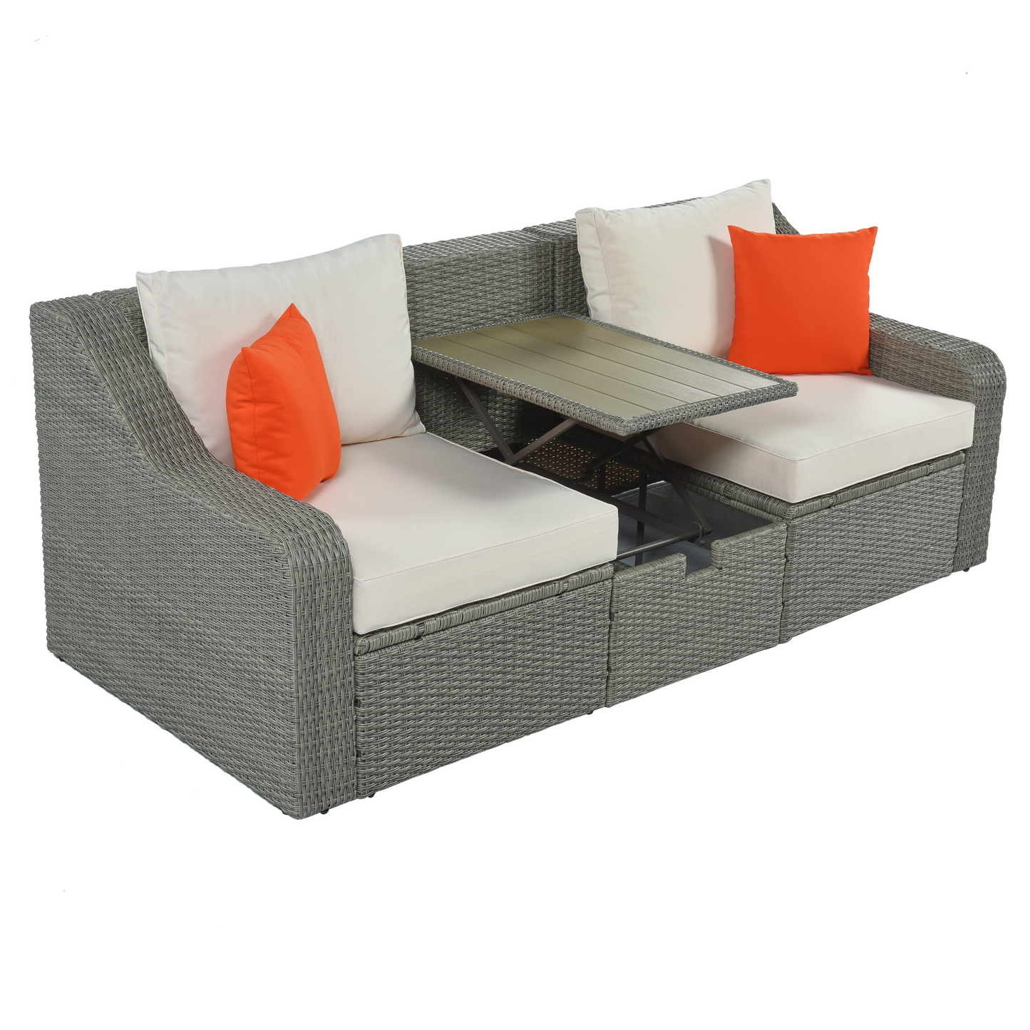 U_STYLE Patio Furniture Sets, 3-Piece Patio Wicker Sofa with Cushions, Pillows, Ottomans and Lift Top Coffee Table