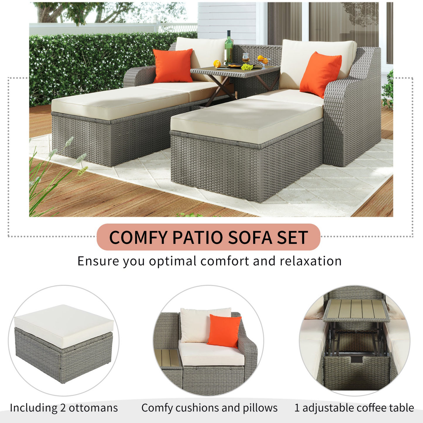 U_STYLE Patio Furniture Sets, 3-Piece Patio Wicker Sofa with Cushions, Pillows, Ottomans and Lift Top Coffee Table