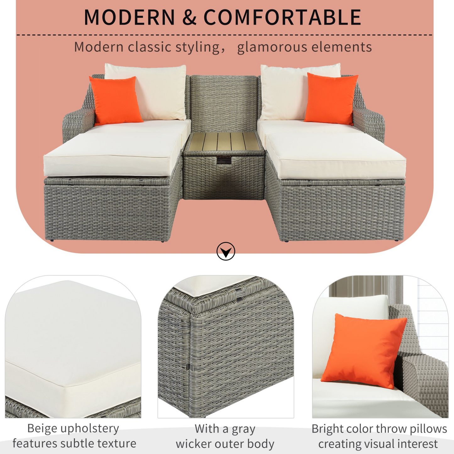 U_STYLE Patio Furniture Sets, 3-Piece Patio Wicker Sofa with Cushions, Pillows, Ottomans and Lift Top Coffee Table