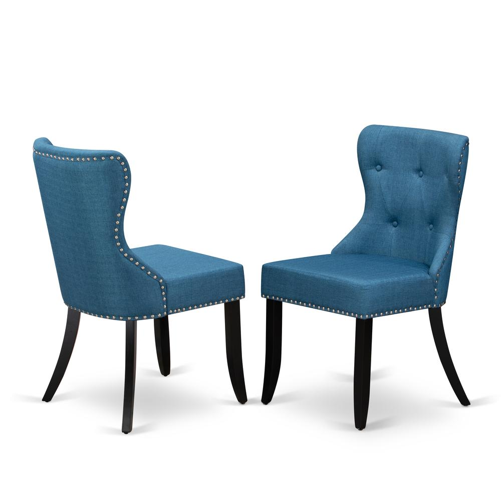 East West Furniture X697SI121-6 6-Pc Dinette Room Set- 4 Dining Room Chairs with Blue Linen Fabric Seat and Button Tufted Chair Back - Rectangular Top & Wooden Cross Legs Kitchen Dining Table and Wood