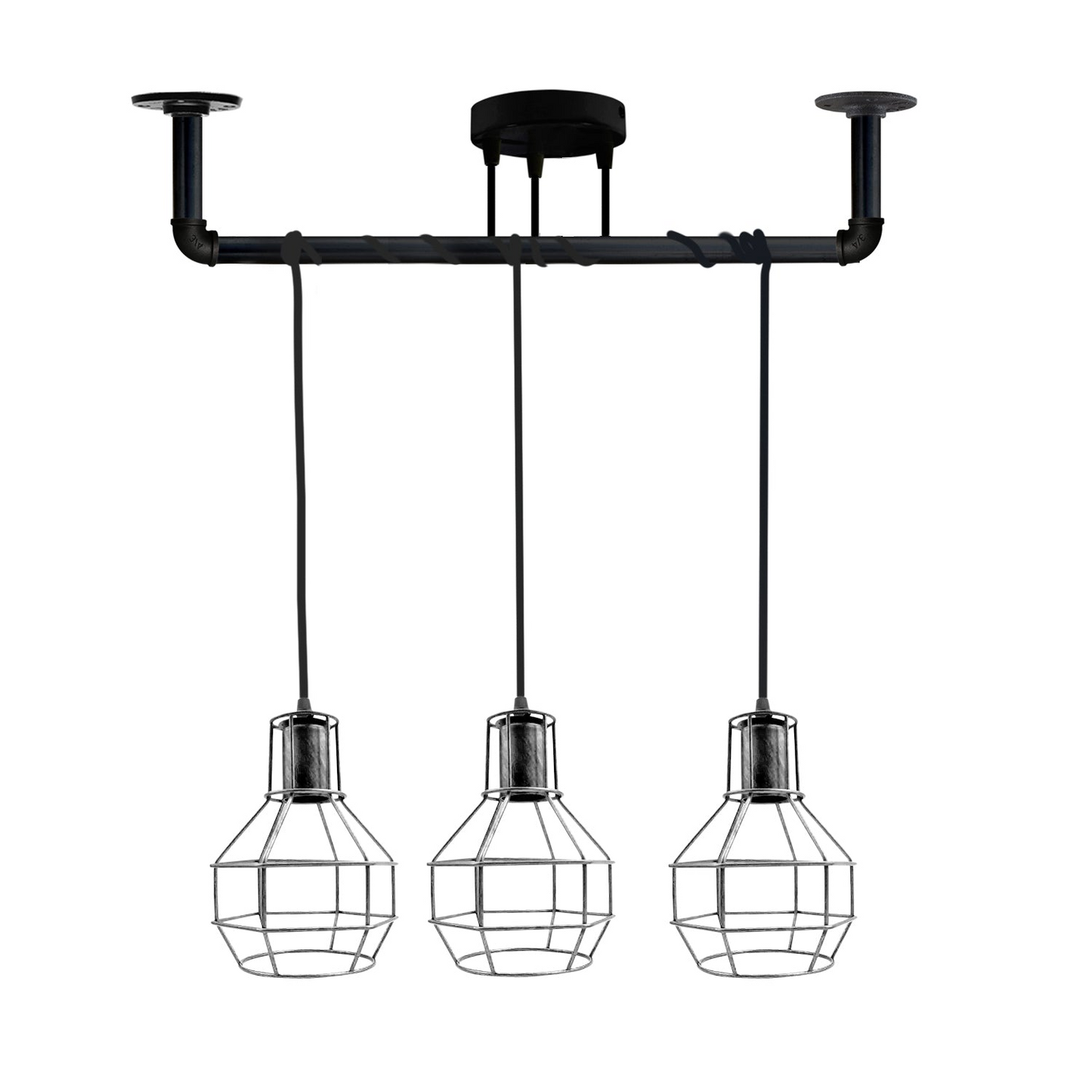 Industrial Modern Ceiling Black Pipe 3 head Metal Retro Loft Pendant vase cage ~3604