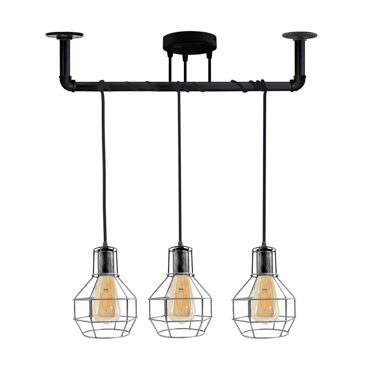 Industrial Modern Ceiling Black Pipe 3 head Metal Retro Loft Pendant vase cage ~3604