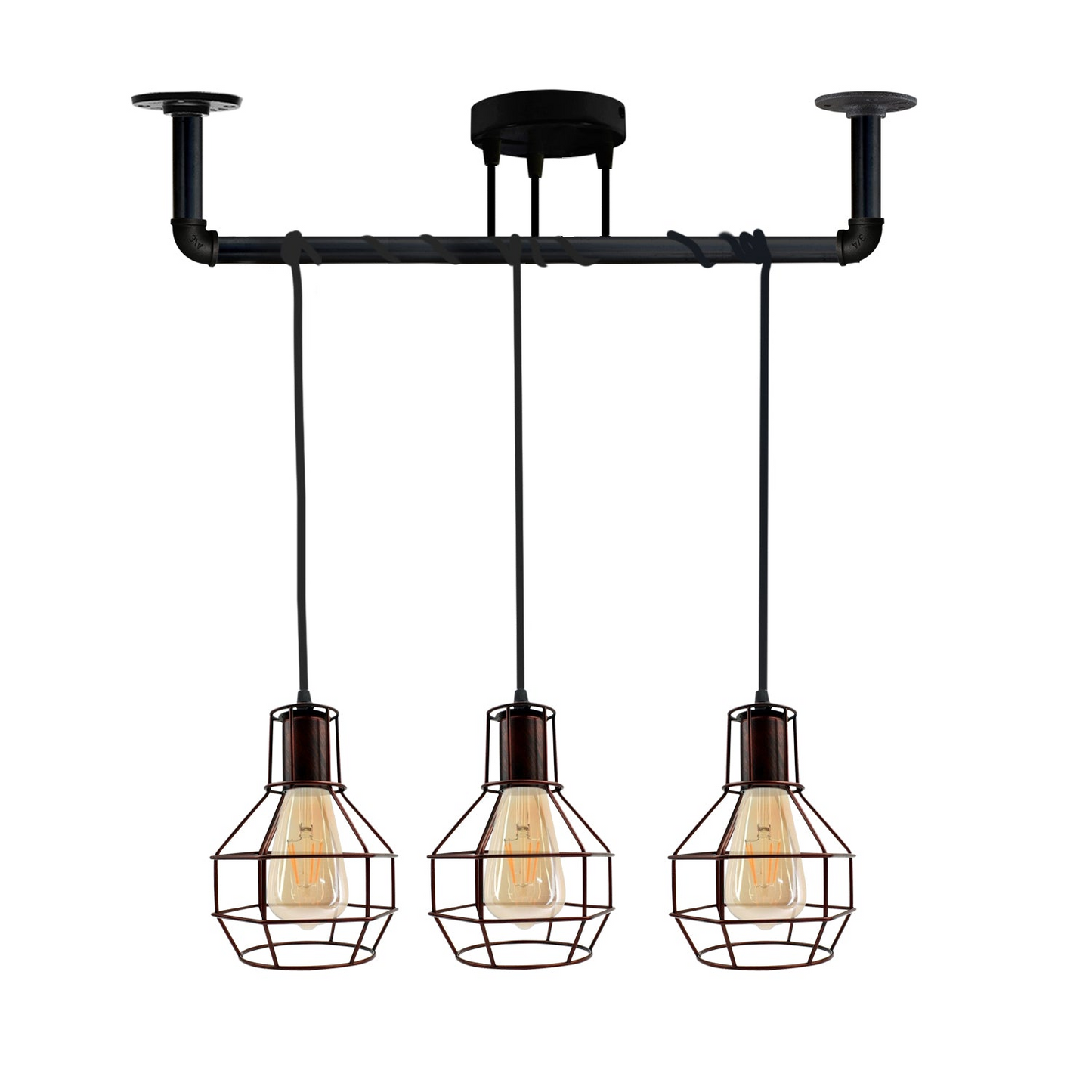Industrial Modern Ceiling Black Pipe 3 head Metal Retro Loft Pendant vase cage ~3604