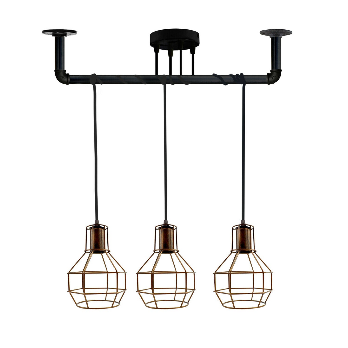 Industrial Modern Ceiling Black Pipe 3 head Metal Retro Loft Pendant vase cage ~3604