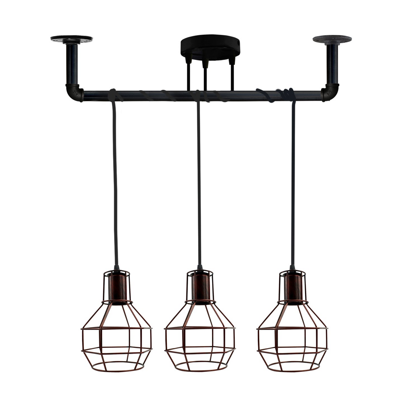 Industrial Modern Ceiling Black Pipe 3 head Metal Retro Loft Pendant vase cage ~3604