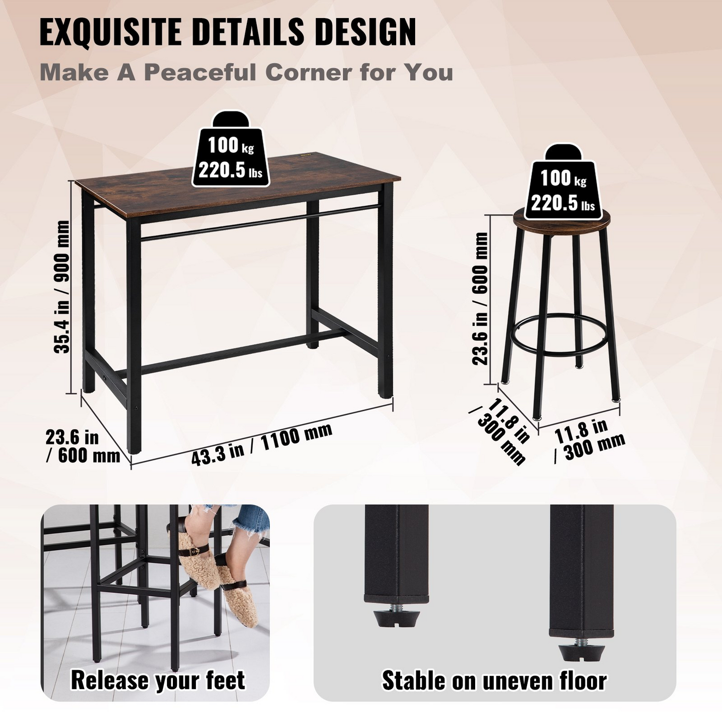 VEVOR Bar Table and Chairs Set 43" Pub Table Set with 4 Bar Stools Kitchen Dining Table and Chairs Set for 4 Iron Frame Counter Height Dining Sets for Home, Kitchen, Living Room