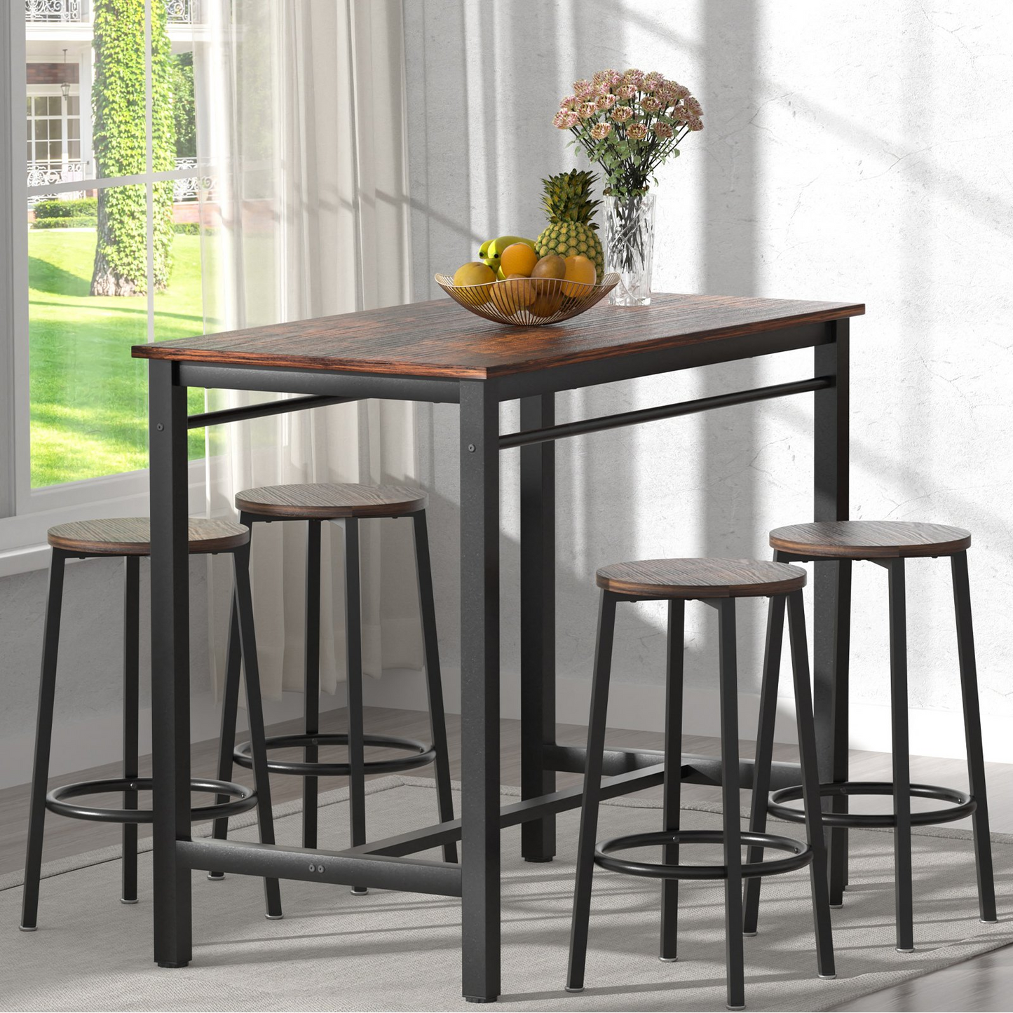 VEVOR Bar Table and Chairs Set 43" Pub Table Set with 4 Bar Stools Kitchen Dining Table and Chairs Set for 4 Iron Frame Counter Height Dining Sets for Home, Kitchen, Living Room