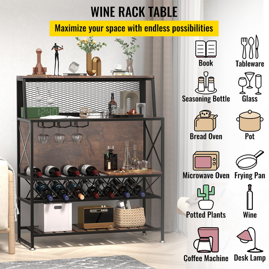VEVOR Wine Rack Home Bar Table, Industrial Liquor Storage Cabinets with Glass Holder, Bakers Rack Freestanding with Large Capacity for Home Kitchen Dining Room, Hold 12 Bottles of Wine (Rustic Brown)