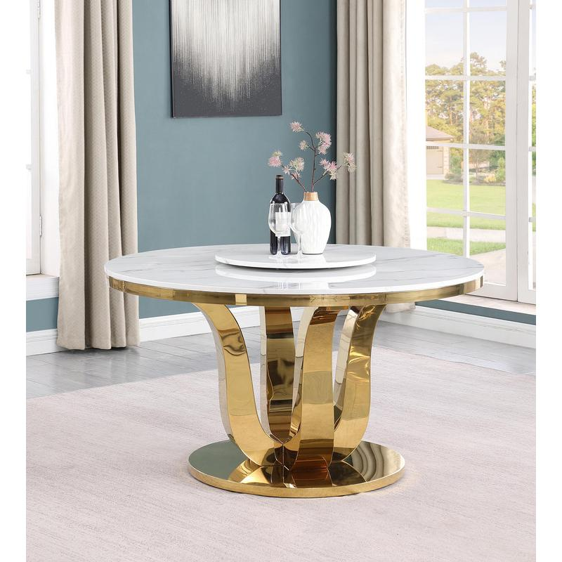 5pc White marble round dining set with gold base and 4 Dark Grey side chairs