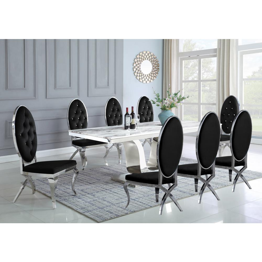 White Marble 9pc Set Tufted Faux Crystal Chairs in Black Velvet