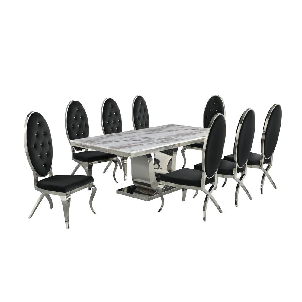 White Marble 9pc Set Tufted Faux Crystal Chairs in Black Velvet