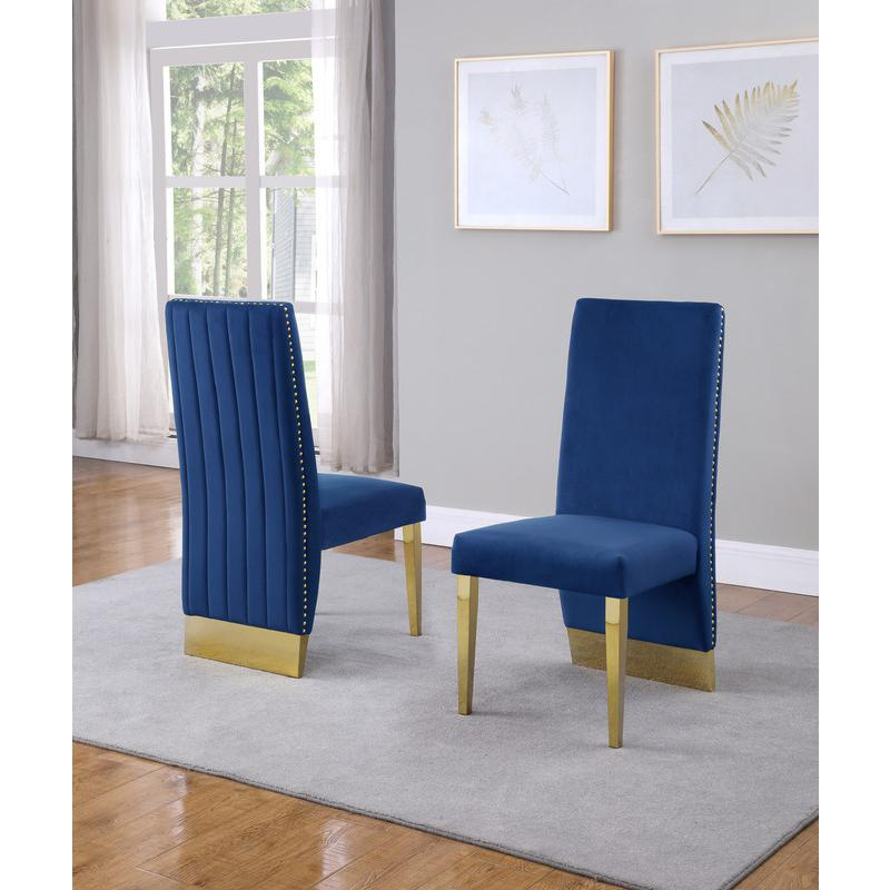 Classic 7pc Dining Set w/Pleated Side Chair, Glass Table w/ Gold Spiral Base, Navy Blue