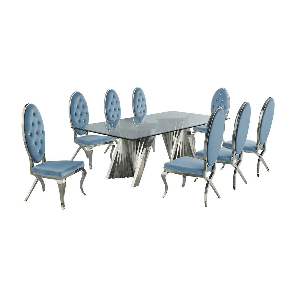 Classic 9pc Dining Set w/Uph Tufted Side Chair, Glass Table w/ Silver Spiral Base, Teal