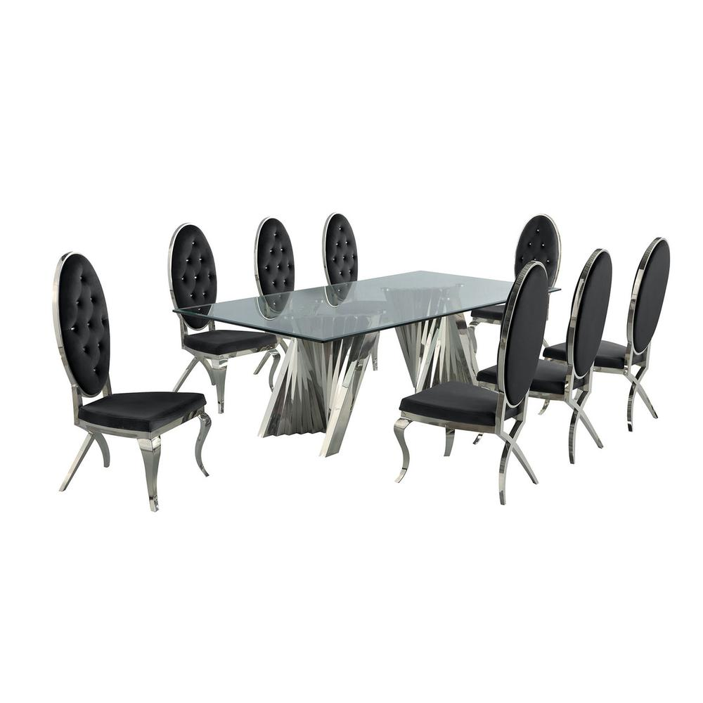 Classic 9pc Dining Set w/Uph Tufted Side Chair, Glass Table w/ Silver Spiral Base, Black