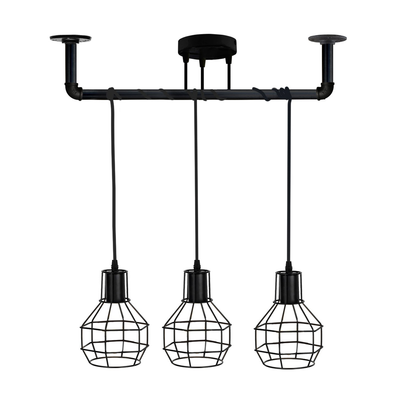 Industrial Modern Ceiling Black Pipe 3 head Metal Retro Loft Pendant vase cage ~3604