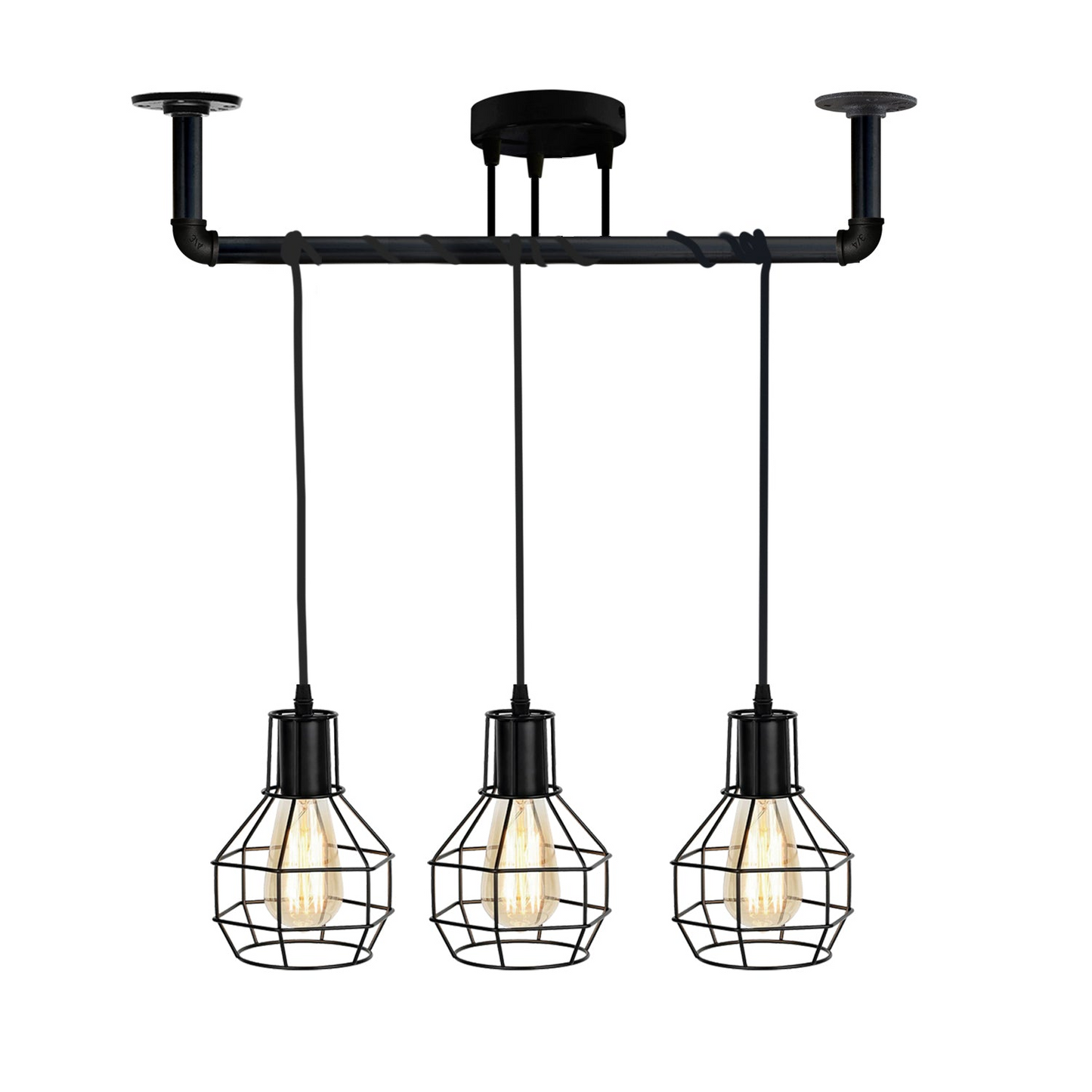 Industrial Modern Ceiling Black Pipe 3 head Metal Retro Loft Pendant vase cage ~3604