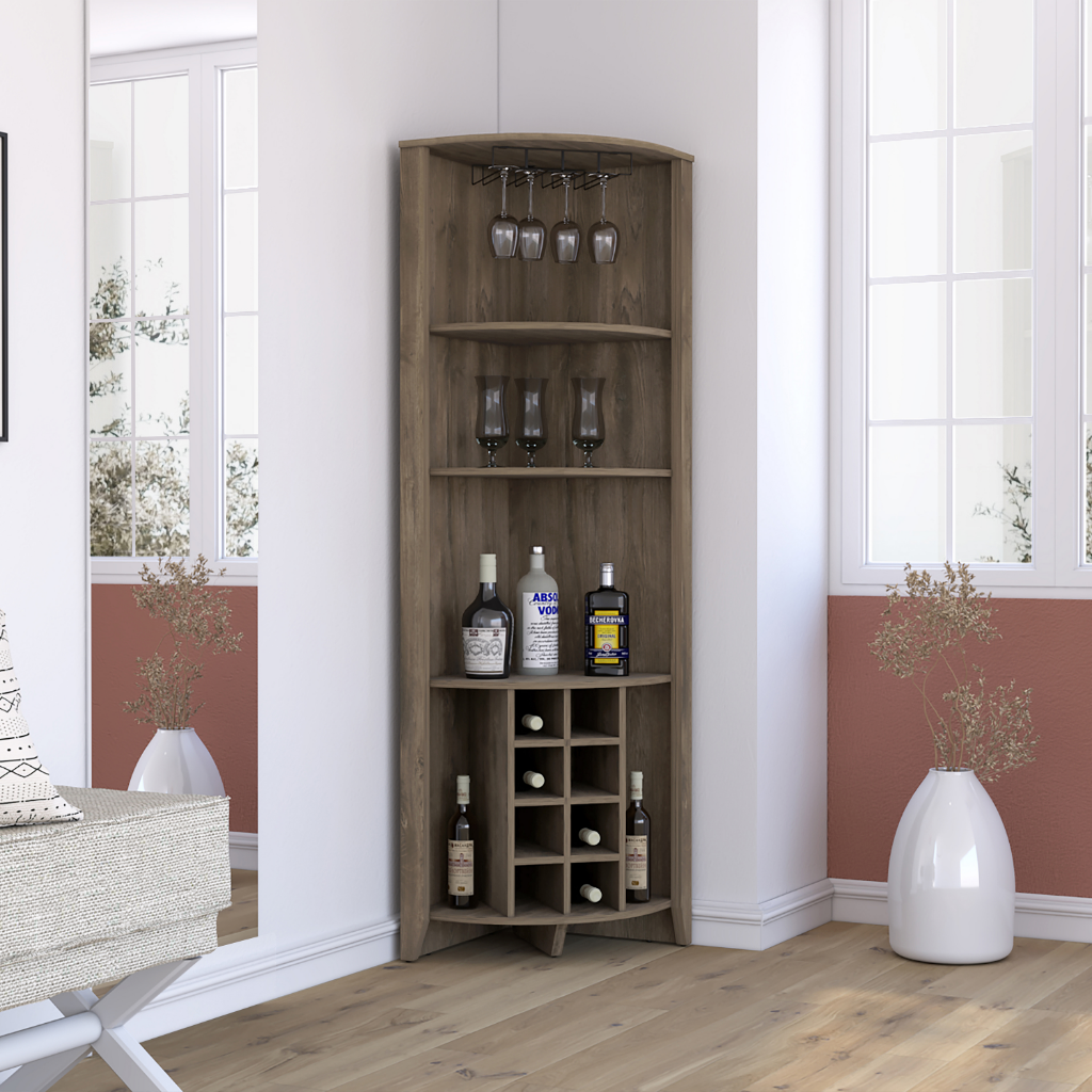 Giza Corner Bar Cabinet, Three Shelves, Eight Wine Cubbies, Two Side Shelves