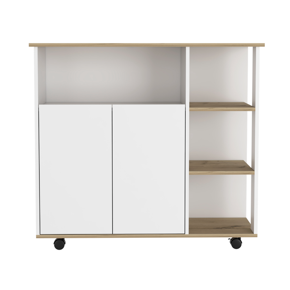 St. Thomas Kitchen Cart, Four Open Shelves, Double Door Cabinet, Four Caster