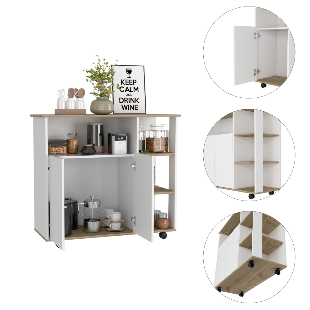 St. Thomas Kitchen Cart, Four Open Shelves, Double Door Cabinet, Four Caster