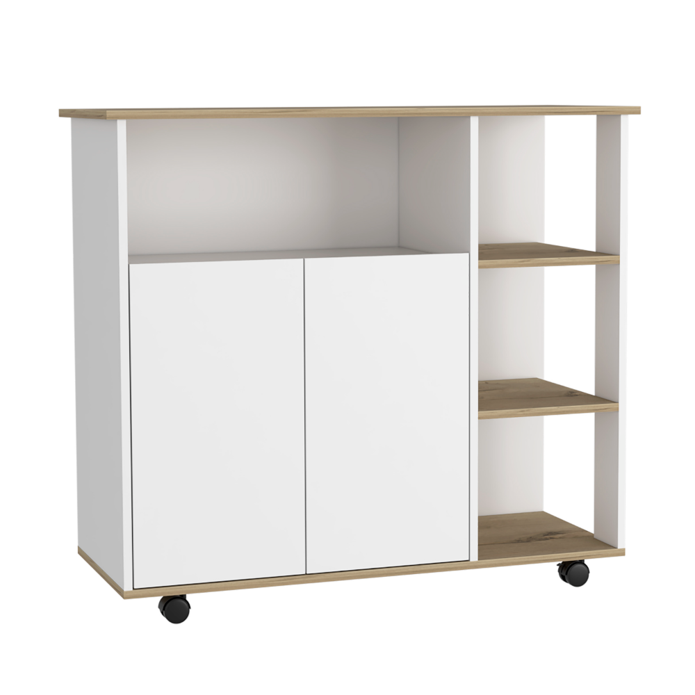 St. Thomas Kitchen Cart, Four Open Shelves, Double Door Cabinet, Four Caster