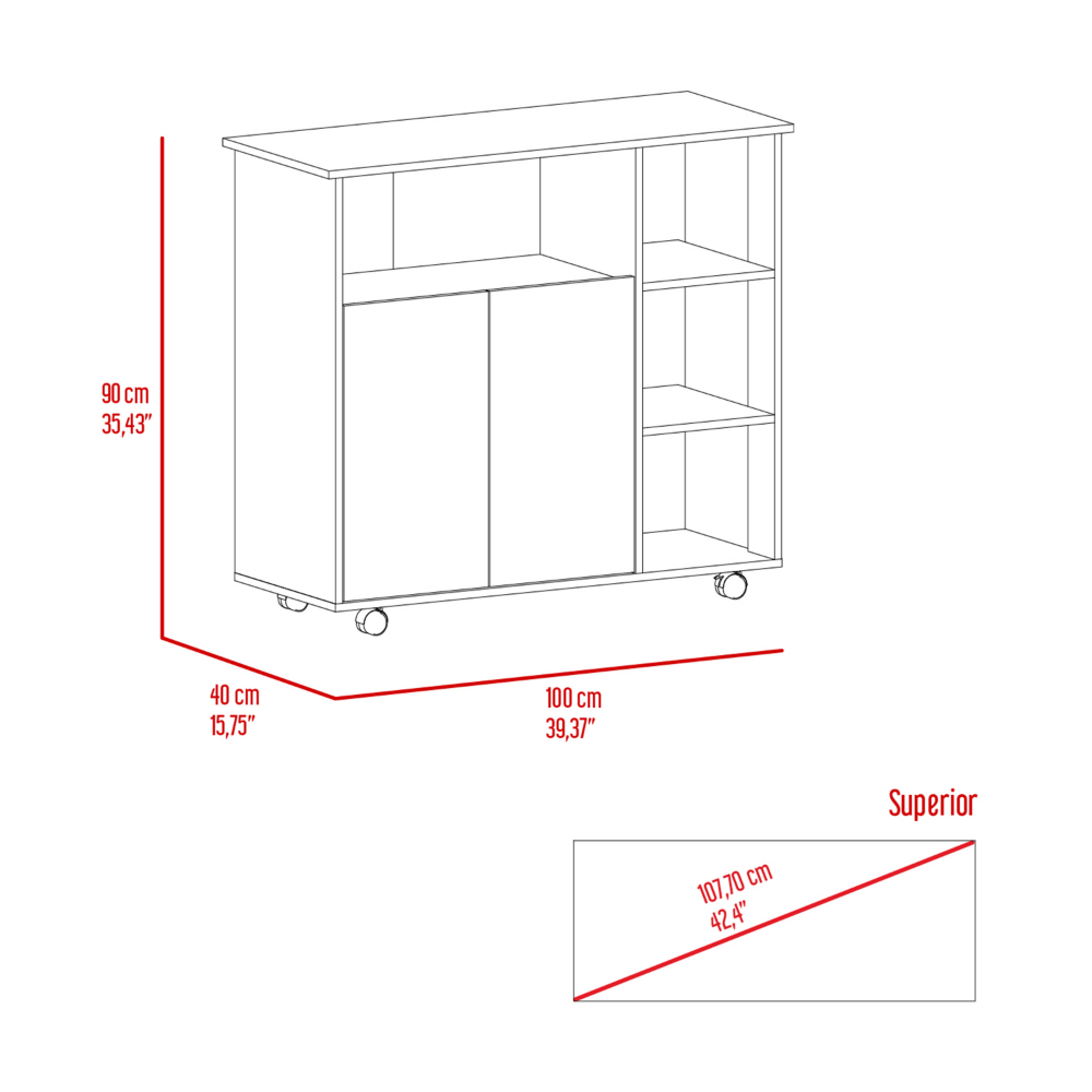 St. Thomas Kitchen Cart, Four Open Shelves, Double Door Cabinet, Four Caster