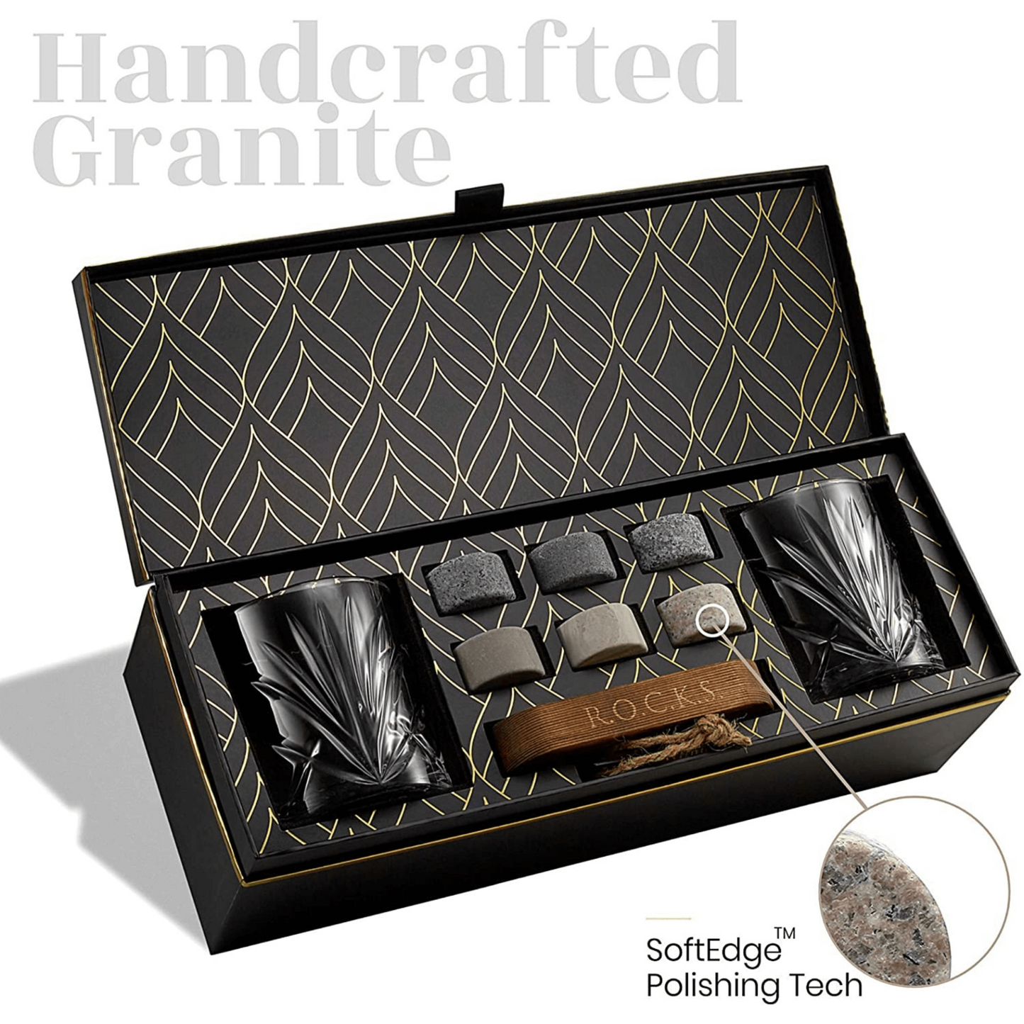 Whiskey Chilling Stones Gift Set With 2 Palm Crystal Glasses