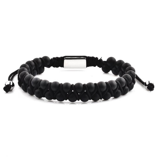 CRUCIBLE MEN'S MATTE BLACK AGATE STONE BEADED ADJUSTABLE BRACELET