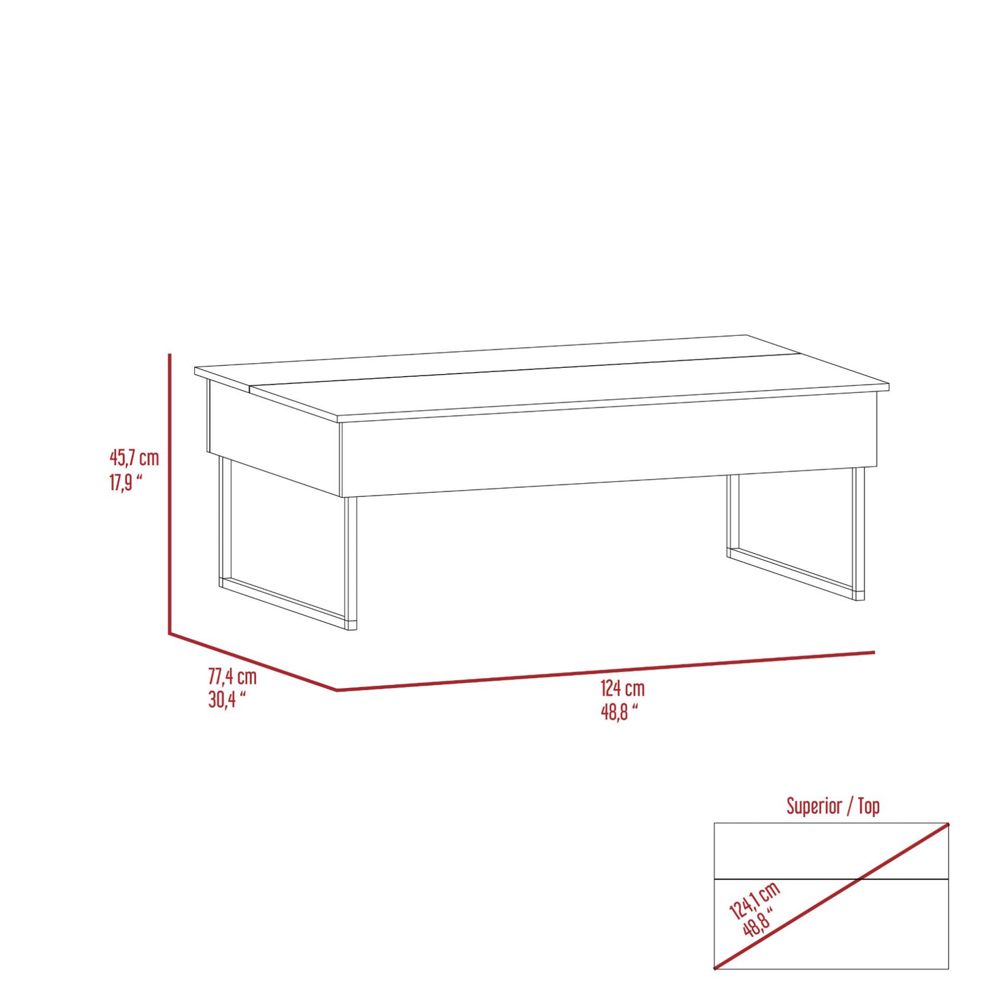 Osaka Lift Top Coffee Table, Two Legs, Two Shelves