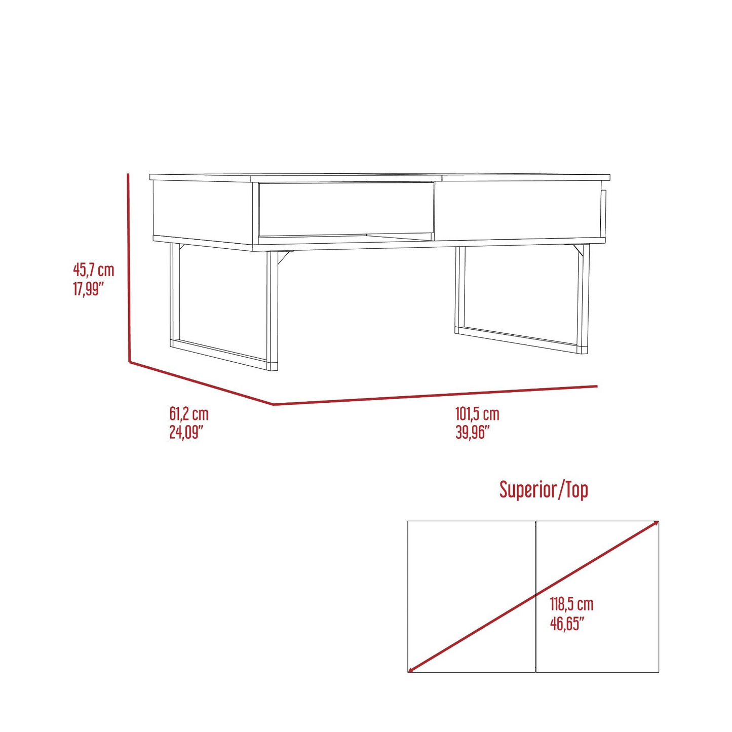 Manila Lift Top Coffee Table, One Drawer