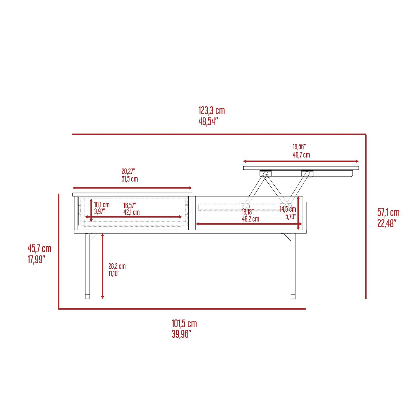 Manila Lift Top Coffee Table, One Drawer