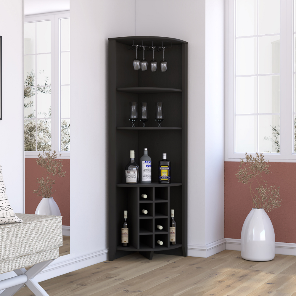 Giza Corner Bar Cabinet, Three Shelves, Eight Wine Cubbies, Two Side Shelves