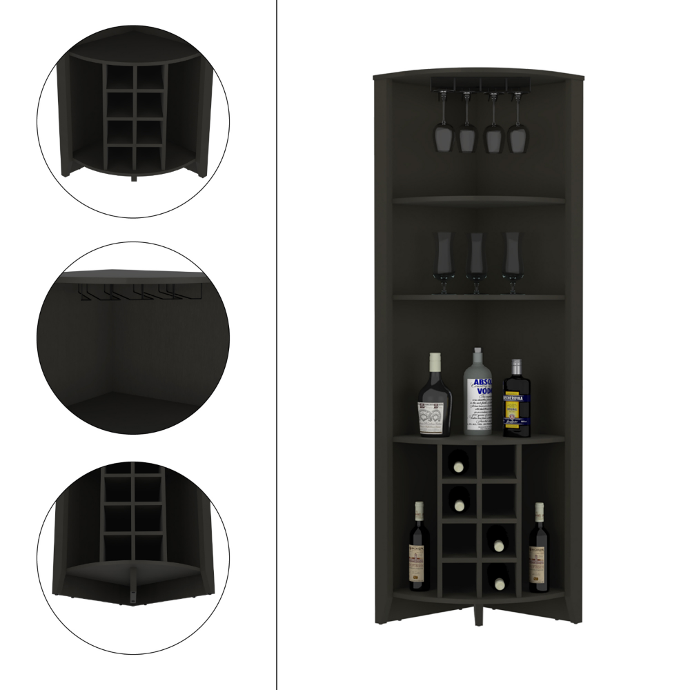 Giza Corner Bar Cabinet, Three Shelves, Eight Wine Cubbies, Two Side Shelves