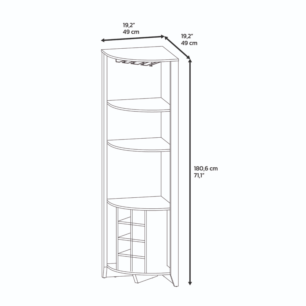 Giza Corner Bar Cabinet, Three Shelves, Eight Wine Cubbies, Two Side Shelves