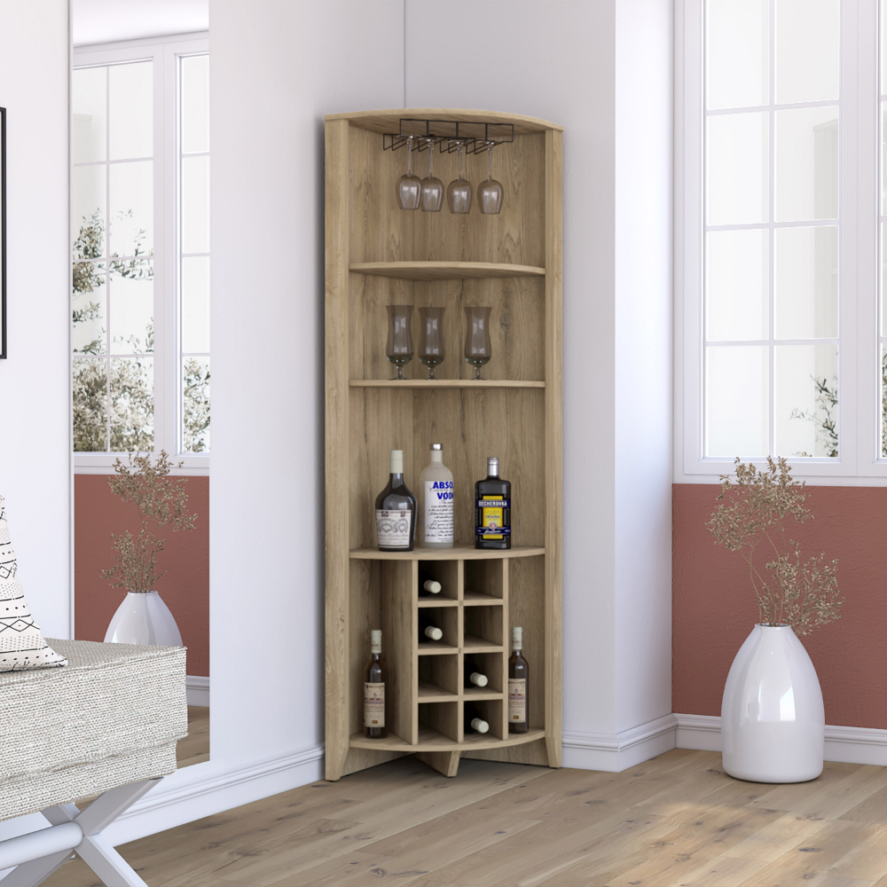 Giza Corner Bar Cabinet, Three Shelves, Eight Wine Cubbies, Two Side Shelves